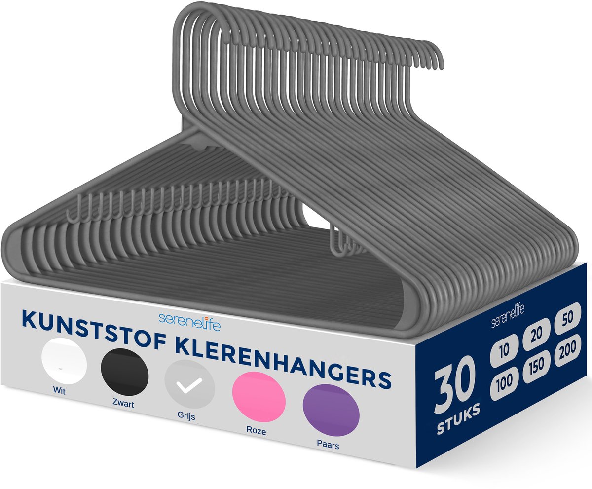 SereneLife Kleerhanger - Plastic Hangers - Antislip Ruimtebesparende Kledinghangers - 30 Stuks - Duurzaam en Sterk voor Hemden, Truien, Hoodies, Kinderkleding en Jurken - Lichtgewicht - Grijs
