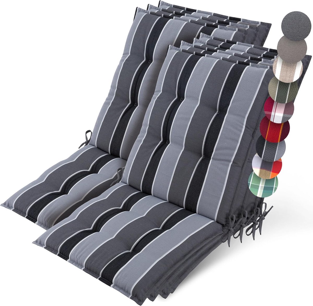 Beautissu Sun-NL – Set van 7 Premium Lage Rugleuning Kussen 100x50 cm - UV-bestendig & 8cm Dik Kussen Tuinstoelkussen Antislip Bevestigingsbanden – Stevige Stof Antraciet Gestreept