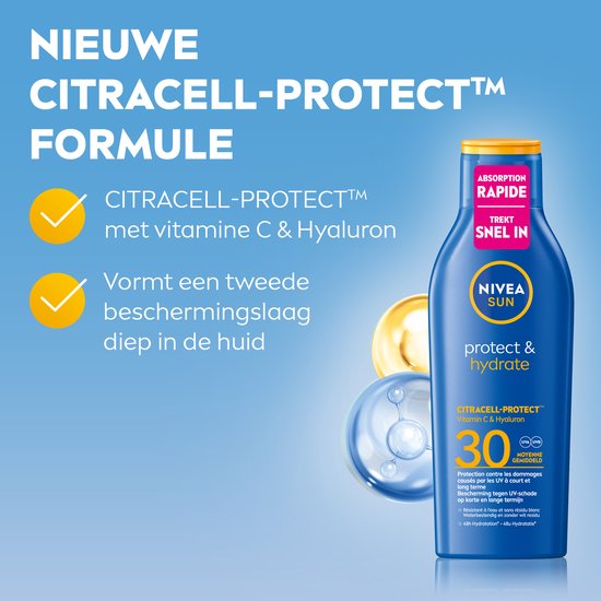 Nieuwe Citracell-Protect formule met vitamine C & Hyaluron. Nivea Sun Protect & Hydrate factor 30.