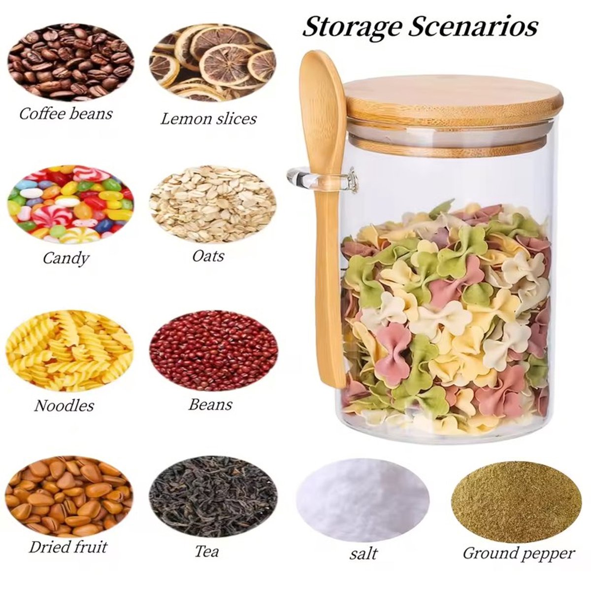 hanmir Voorraadpotten met deksel, set van 3, luchtdichte voorraadpotten van 450 ml met luchtdicht bamboe deksel en lepel, glazen container voor koffiebonen, noedels, pasta, noten, koekjes, snoep