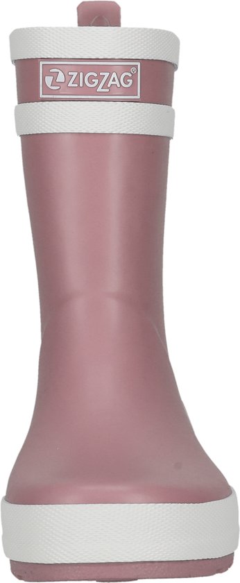 Roze regenlaars met witte randen en witte strepen, ZIGZAG logo.