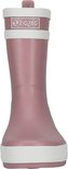 Roze regenlaars met witte randen en witte strepen, ZIGZAG logo.