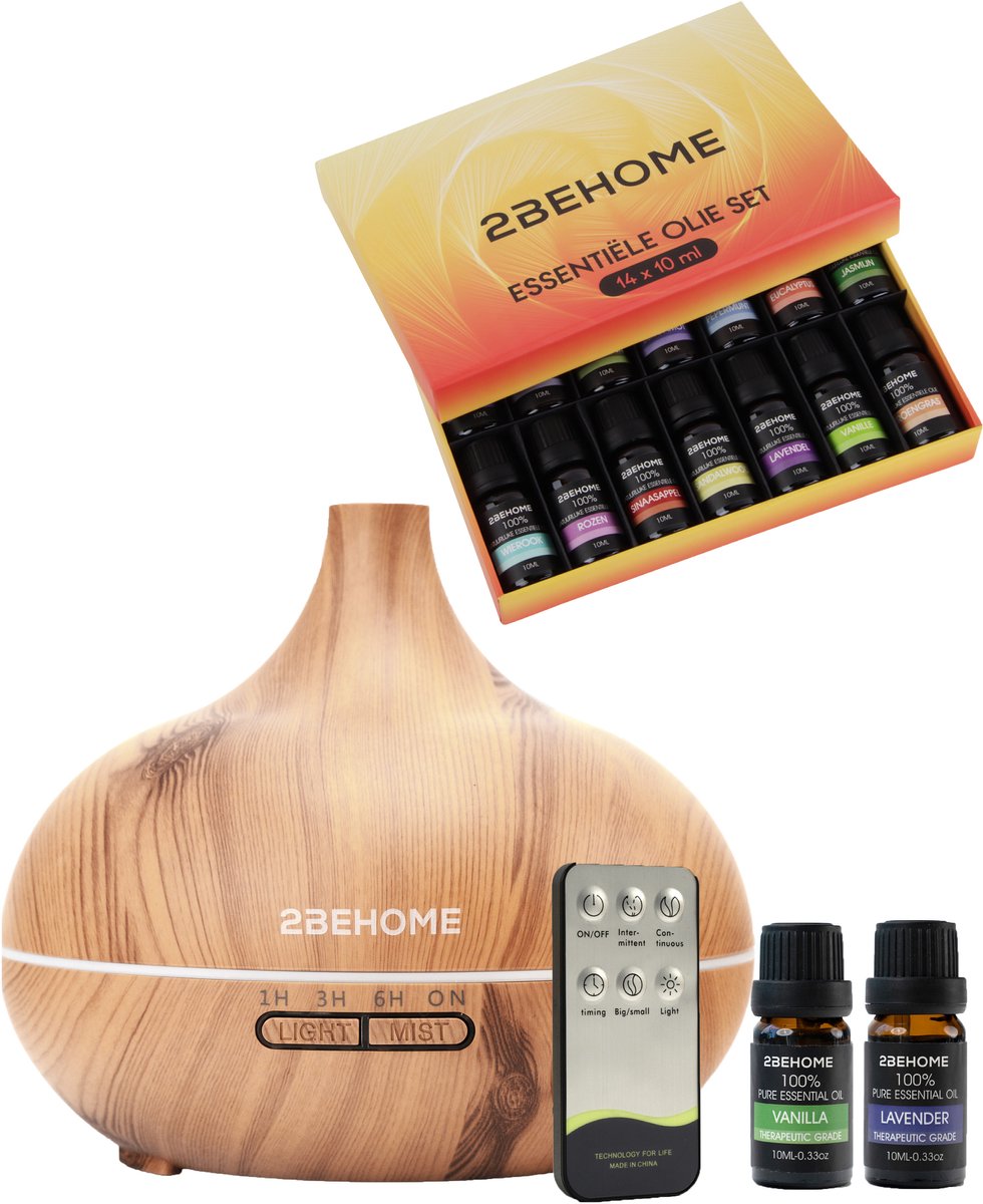 Goedkoopste 2BEHOME Aroma Diffuser Set 550 ML - 16 Etherische Oliën - Afstandsbediening - Lichte Houtlook - Etherische Olie voor Aromadiffuser - Luchtbevochtiger - Geurverspreider voor Aromatherapie - Essential Oil