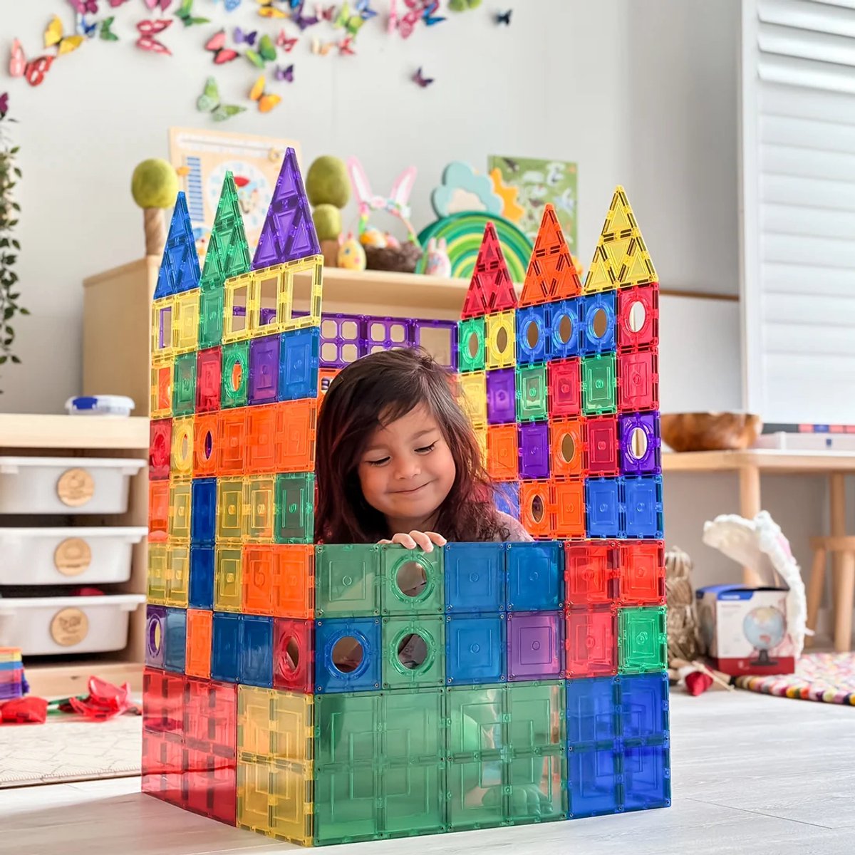 Learn & Grow - Magnetische Tegels - Bouwpakket - 110 Stuks - Inclusief Autobasis Met Wielen - Magnetische Bouwstenen - Bouwpakket