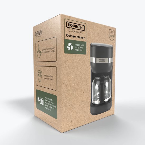 Cafetière Bourgini Elements – 1,5 L (10 à 12 tasses) – Plaque chauffante – Arrêt automatique – Lavable au lave-vaisselle – 50 % de matériaux recyclés (certifié GRS)
