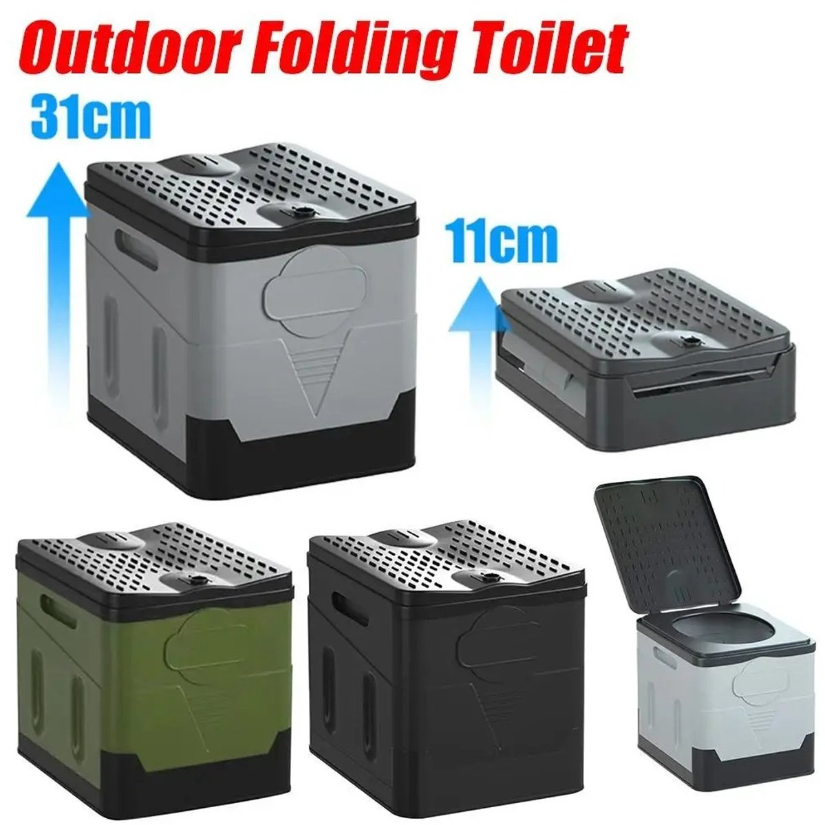 Jurrys Toilet - Camping - Lichtgewicht - 31.5cm x 27cm x 30cm - Opvouwbaar - Nood - Anti geur - Grijs - Groen - Zwart