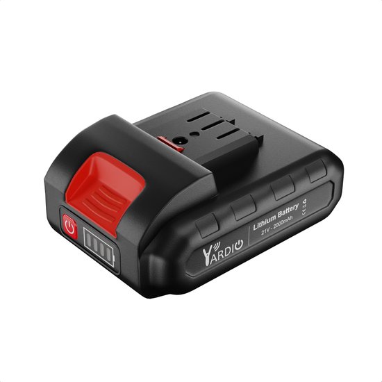 Zwarte lithium batterij met rode ontgrendelingsknop en indicator voor batterijniveau. YARDIO 21V - 2000mAh.