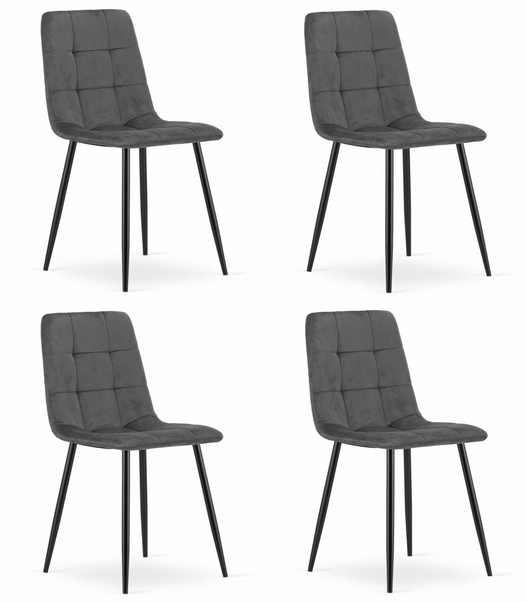 LEOBERT Set van 4 Eetkamerstoelen KARA Donkergrijs – Velvet Bekleding, Ergonomisch Design, Zwarte Metalen Poten, Comfortabele Zitting, Max. 120 kg
