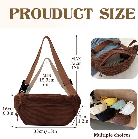Corduroy Schoudertas voor dames, met schouderriem, instelbaar, modieuze corduroy heuptas, vrije tijd, sport, heuptas, groen, crossbody tas voor dames en heren, 8, 34 x 15 cm