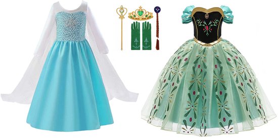 Het Betere Merk prinsessenjurk meisje - 2 x verkleedjurk maat 122/128 - Anna groene jurk - Elsa blauwe jurk -Frozen verkleedkleding - prinsessen speelgoed