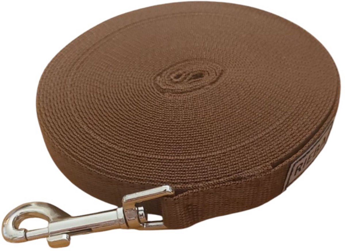 Rieba® Hondenriem 15 meter – Lange Lijn - Trainingslijn – Sleeplijn – Speurlijn - Hondenlijn – Looplijn – Riem Hond - Voor Training en Wandelen – 2 cm Breed – Nylon – Bruin