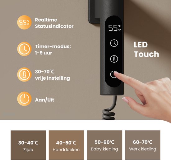 Close-up van LED touch display op zwarte handdoekradiator. Instelbaar 30-70°C, timer 1-9 uur.
