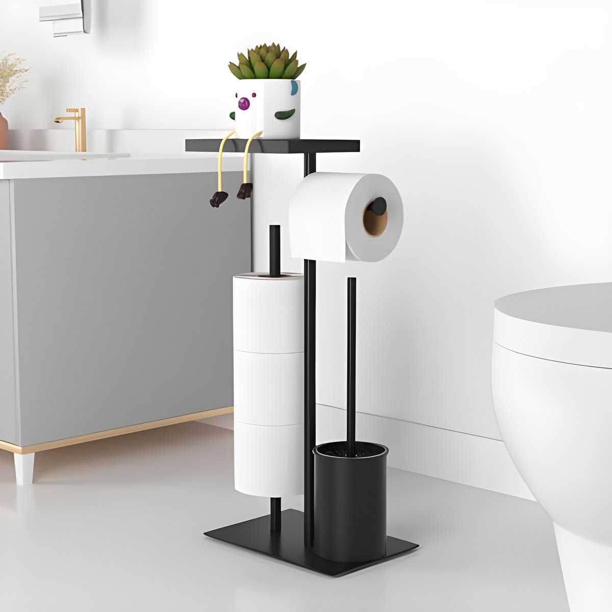Roestvrijstalen toiletpapierhouder met wc-borstel en plank toiletpapierhouder met vochtige doekjesbox, toiletpapierhouder met wc-borstel, wc-garnituur met toiletpapierhouder, staand en toiletborste