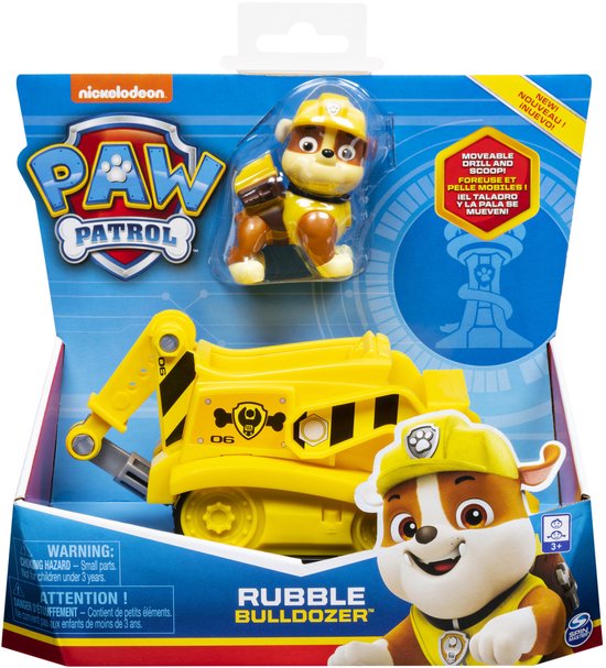Paw Patrol Rubble Bulldozer speelgoed in verpakking, met beweegbare voorlader en boor.