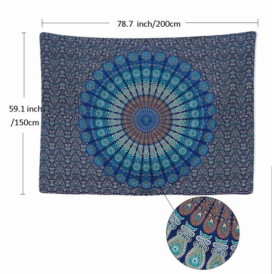 Ulticool - Tapis Mandala - Tapisserie - 200x150 cm - Groot Tapisserie en Tissu - Affiche - Blauw/ Wit