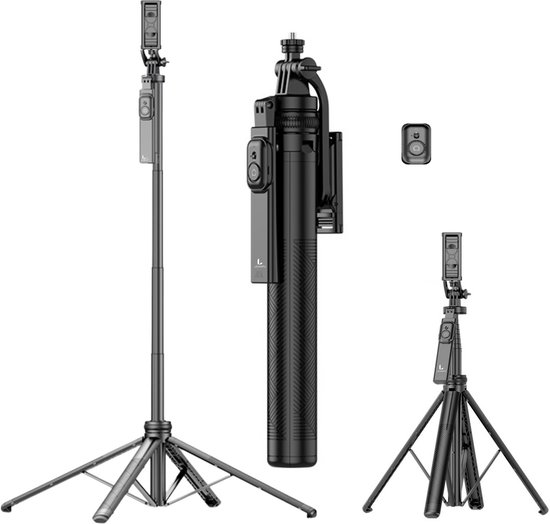 LEVANTU@ Telefoon Statief - Tripod Smartphone - Selfiestick - Telefoonhouder Standaard - Camera Statief - Incl. Bluetooth Afstandsbediening - Statief Telefoon 180 cm - Zwart