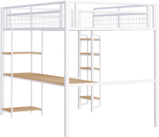 Lit Mezzanine 140x200 Cm Blanc Avec Rangement - Structure Métal, Escalier Sécurité Et Étages Intégrés - Gain De Place (Sans Matelas) - 5