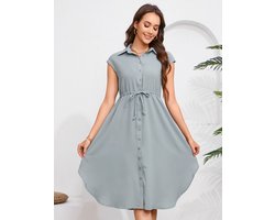 Zomerjurk dames casual overhemdjurk blousejurk met korte mouwen midi-jurk wikkeljurk Lichtgroen M