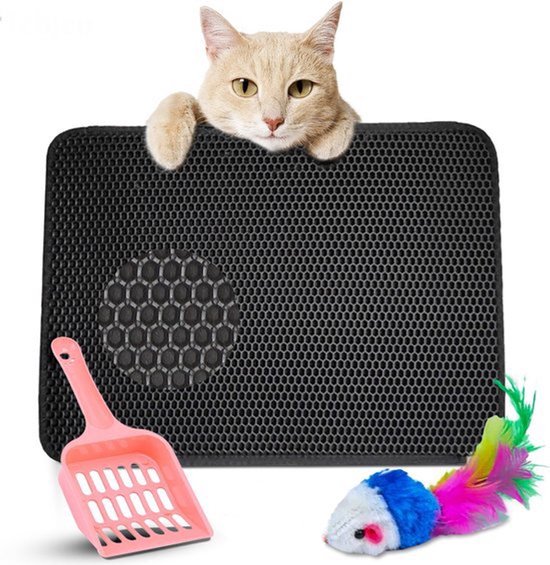 Zwarte kattenbakmat met honingraatpatroon, met een pluizige muis en schepje.