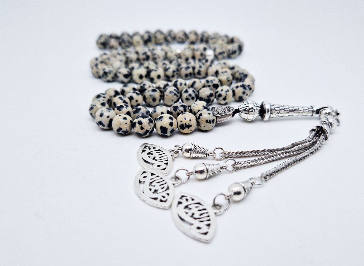 Handgemaakte tesbih "Tasbih" natuursteen " Jasper Dalmatin" - Aantal kralen 99 - Diameter kralen 8MM - met metaal tassel "Ogen" - Een mooi cadeau-idee