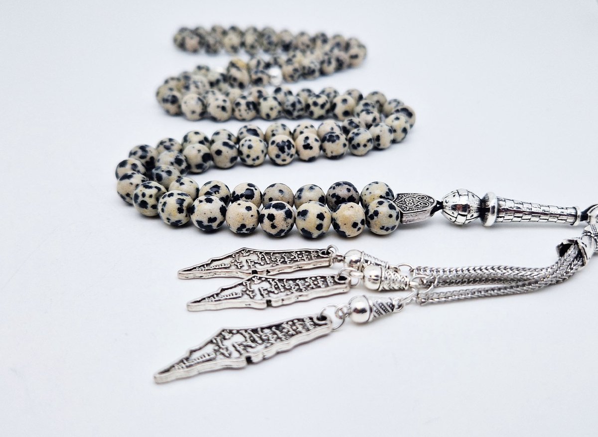 Handgemaakte tesbih "Tasbih" natuursteen " Jasper Dalmatin" - Aantal kralen 99 - Diameter kralen 8MM - met metaal tassel "Palestina" - Een mooi cadeau-idee