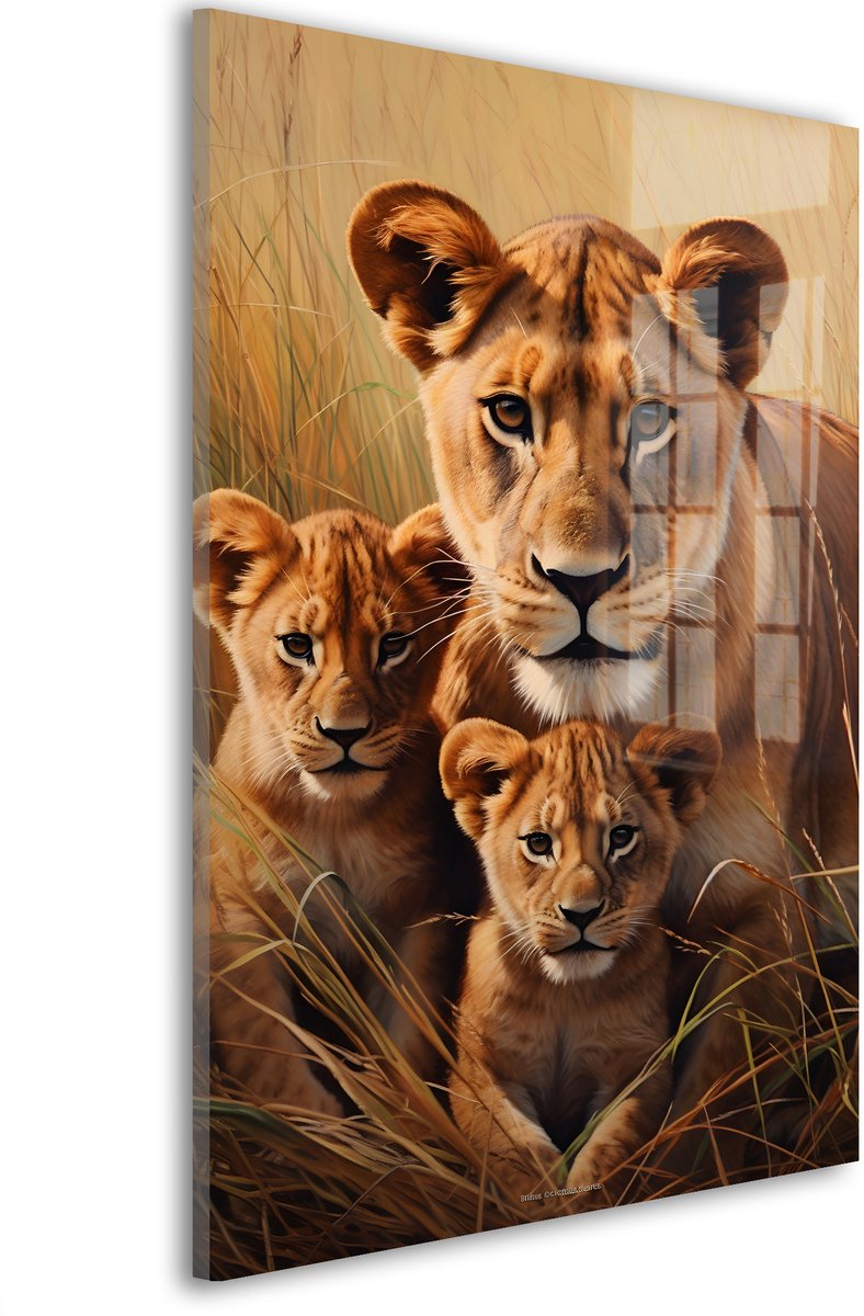 Glasschilderij Majestueuze leeuwenfamilie samen - 60 x 40 cm - Leeuwin - Dieren - Acrylaat - Inclusief wandbevestiging - Foto op plexiglas - Wanddecoratie woonkamer – Modern – Modern