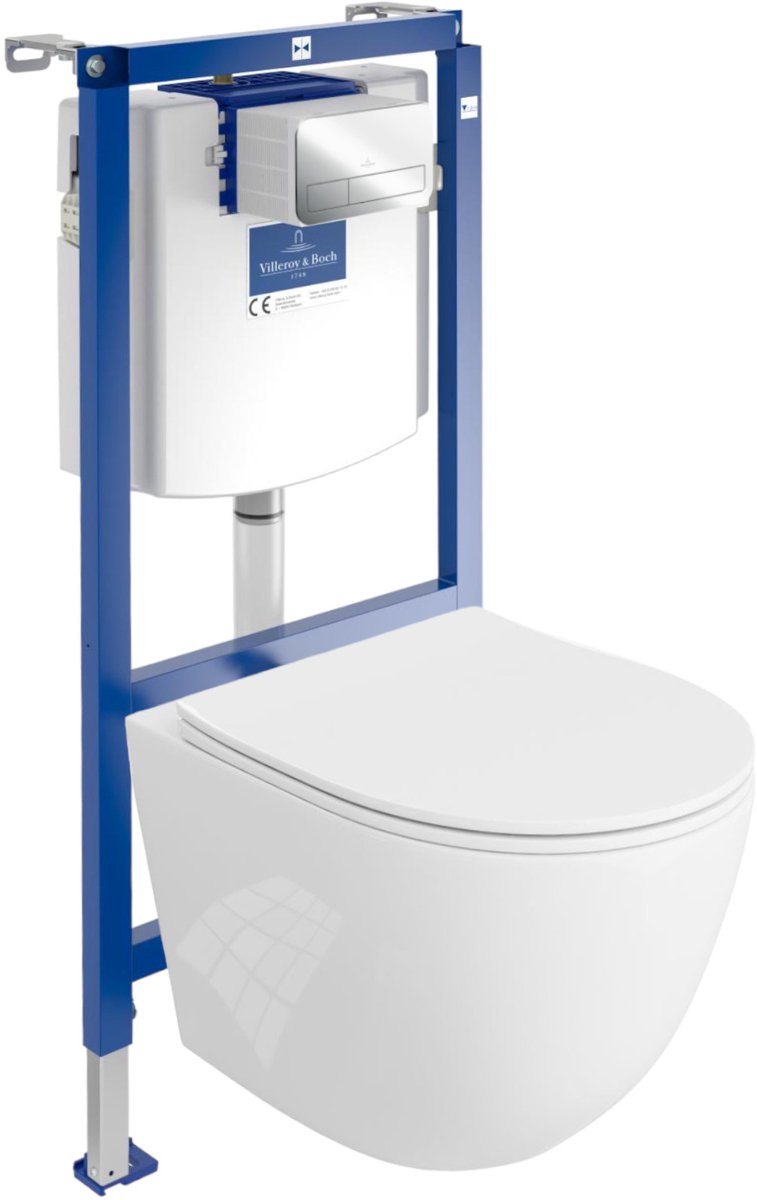 Villeroy&Boch Inbouwreservoir Complete Toiletset ViConnect H112 - Inbouw WC Hangtoilet Wandcloset SINTO - Bedieningsplaat Chroom - Voorwandelement voor toilet - Installatiesysteem