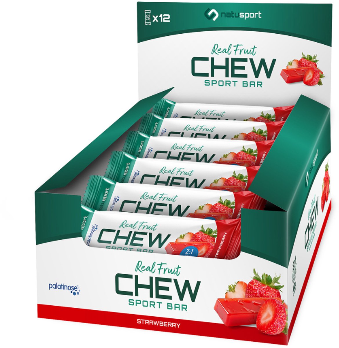 Natusport Chew Sport Bar - Energiereep met 40g koolhydraten - Met Isomaltulose (Palatinose™) - Strawberry - 12 stuks