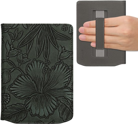 kwmobile e-reader hoesje geschikt voor Pocketbook Verse / Verse Lite / Verse Pro / Color / Vivlio Light/Light HD hoes - E reader flip case met magneetsluiting - Ereader cover - Bloemen in reliëf design in groen van Merkloos — afbeelding 3
