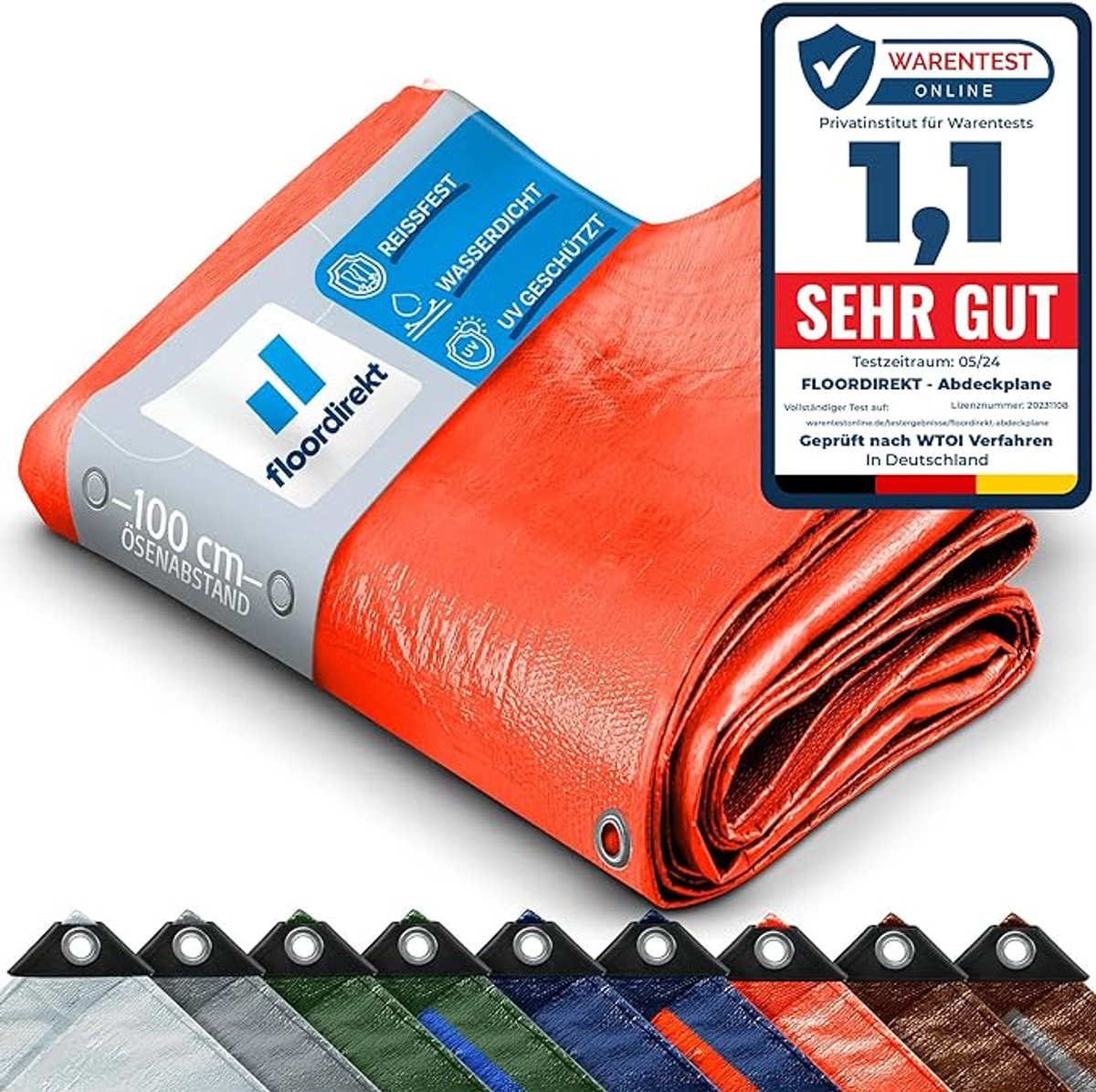 FLOORDIREKT Dekzeil - Stoffen Dekzeil - Beschermhoes - Bootzeil - Tentonderzeil voor Camping & Outdoor - Waterdicht - Met Zeilogen - 80 g/m² - Oranje - 1,5 x 6 m