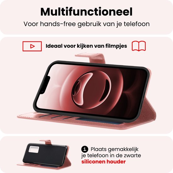 Hoesje - Met 2x Screenprotector - Geschikt voor Apple iPhone 16e / 17e - Luxe Pasjeshouder - Bookcase Portemonee - Flip Case - Kunstleer Book Case - Flipcase Hoes - Book Cover - Walletcase - Portemonneehoes - Rosé goud