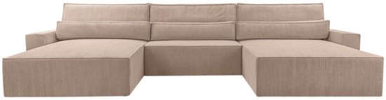 Hoekbank – Luxe Comfort en Functionaliteit – 410 x 85 cm – Slaapfunctie met Ruim Bed – Slijtvaste Stof – DENVER U – Poso 02 Donkerbeige