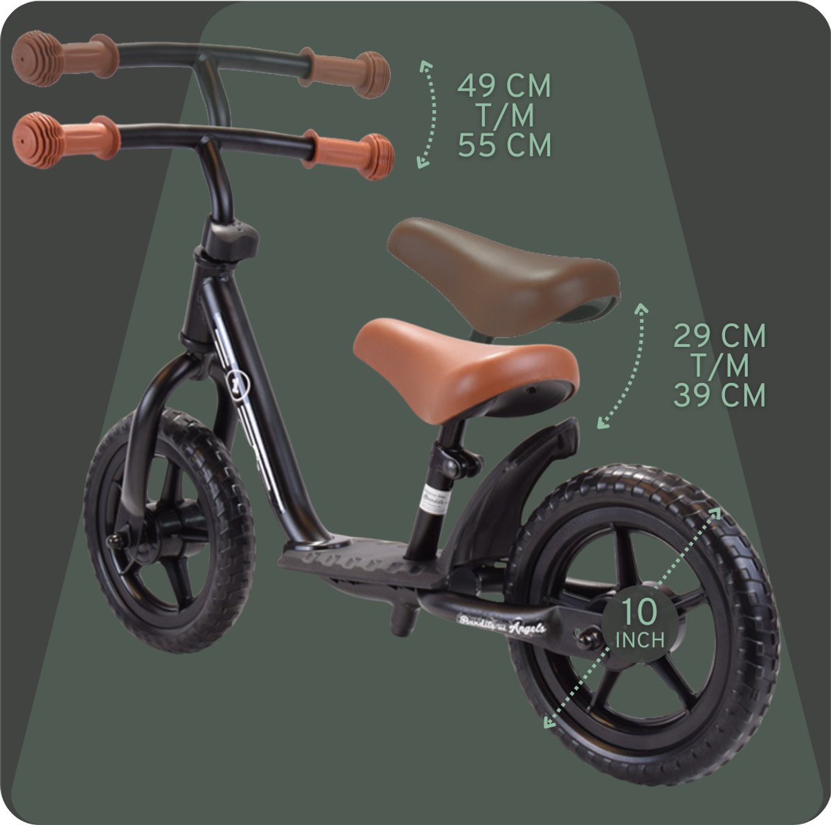Bandits & Angels Metalen Loopfiets Met Mandje Starter Zwart met Voetenplank vanaf 2 Jaar - Limited Edition - Zwarte Loop Fiets - Verstelbaar Zadel 29 tot 39 cm - Voor Jongens en Meisjes - Compact en Veilig - Lage Instap met Voetenplank — afbeelding 7
