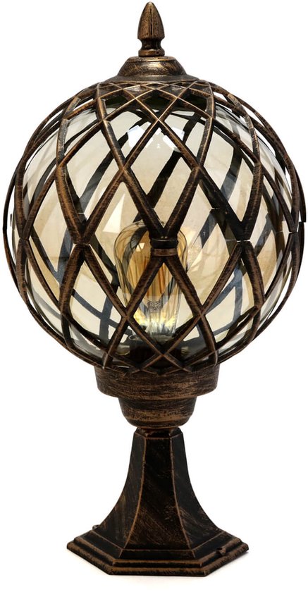 Sokkellamp buiten ornament glas koper antiek H: 42cm E27 padverlichting tuinhuis balkonterras