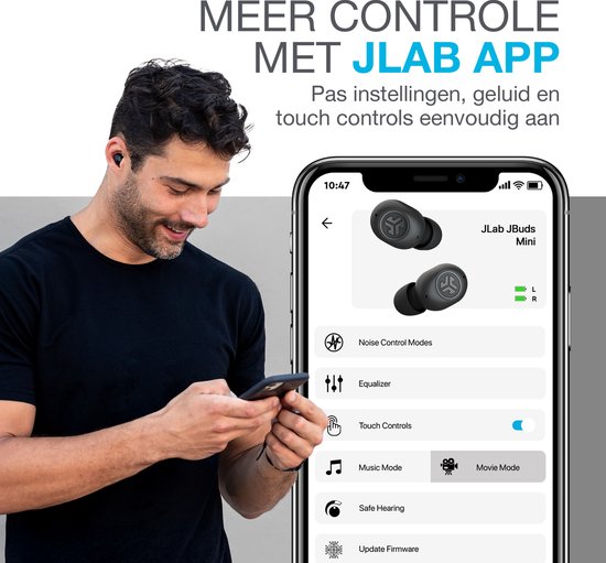 JLab JBuds Mini Draadloze Oordopjes - Bluetooth Oortjes Draadloos - 20 uur Batterijduur - Klein Design - Noise Cancelling Microfoon - Touch Sensoren - Multipoint - Zwart