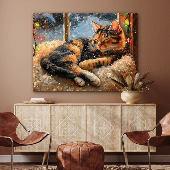 Tableau aluminium 120x90 cm - Décoration murale métal - Chat - Noël - Hiver - Animal - Décoration murale métallique salon - Décoration industrielle - Photo sur dibond - Accessoires industriels chambre à coucher