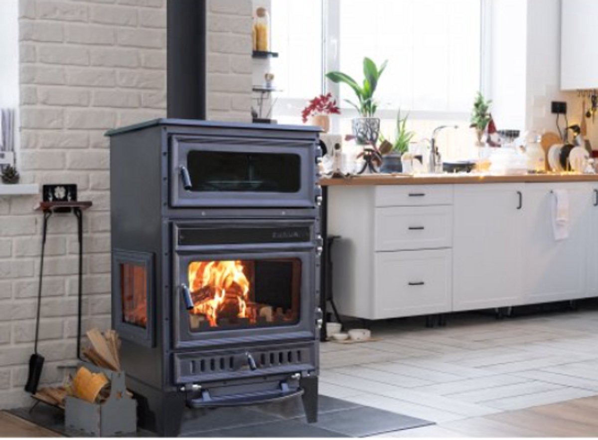 S107/3D Sabah Open Haard Met Oven – Drie-Raams Haard – Houtkachels – Gietijzer Haardkachel- Mat Zwart – 15,87 KW – Inclusief, Bakplaat, Ovengrill, Haak ,Schraper en Kachelpijpen