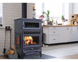 S107/3D Sabah Open Haard Met Oven – Drie-Raams Haard – Houtkachels – Gietijzer Haardkachel- Mat Zwart – 15,87 KW – Inclusief, Bakplaat, Ovengrill, Haak ,Schraper en Kachelpijpen