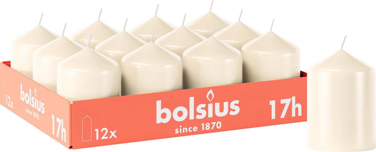 Bolsius Gladde Stompkaarsen - 12 stuks - Ivoor - 17 branduren - 8 x 5,8 cm