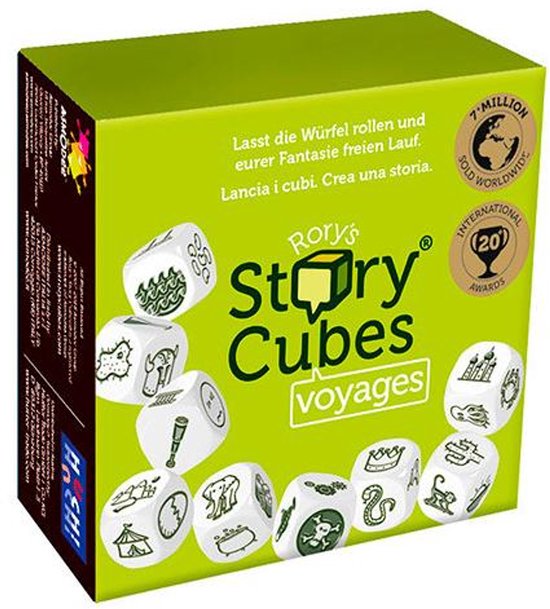Rory's Story Cubes Voyages doos met groen design en illustraties van reisonderwerpen.