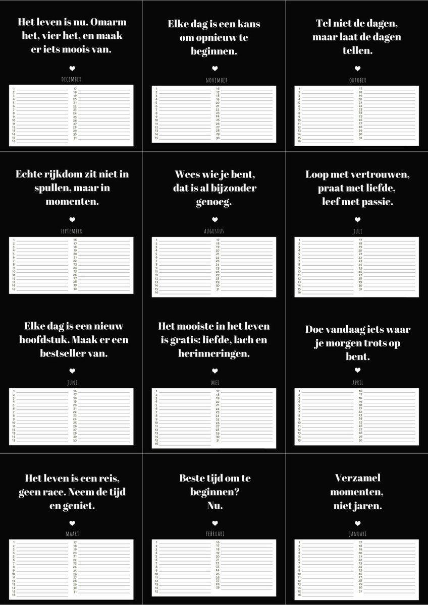 Verjaardagskalender Geluksmomenten - Inspiratie - Kalender - Wandkalender - Moederdag - Cadeau Mama - Planner - Positieve Spreuken - Motivatie - Black & White - Geluk - Maandplanner - 21 x 21 Cm - Zwart & Wit - Birthday - Inspirerend - Positiviteit — cadeau in Kalenders & Planners - foto 2