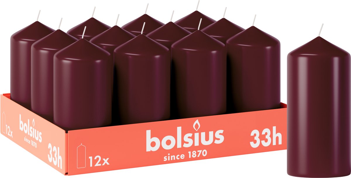 Bolsius Gladde Stompkaarsen - 12 Stuks - Bordeauxrood - 33 branduren - 12 x 5,8 cm Bordeaux Rood
