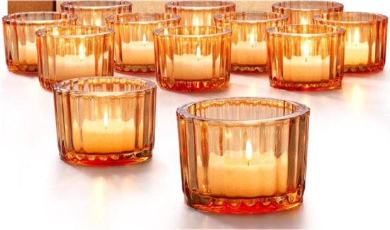 Bougeoir en Glas de Klein pour décoration de table - Set de 12 verres à bougie ronds - Bougeoirs robustes pour décoration intérieure et mariage (Goud)