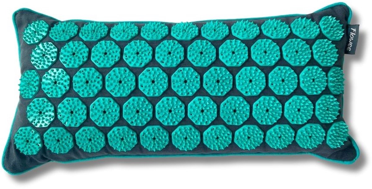 Goedkoopste Flowee Spijkerkussen ECO - Grijs met zeegroen - Vulling Boekweitkaf - 44x22 cm - Acupressuur - Acupunctuur - Shakti Massage - Let op zonder spijkermat!