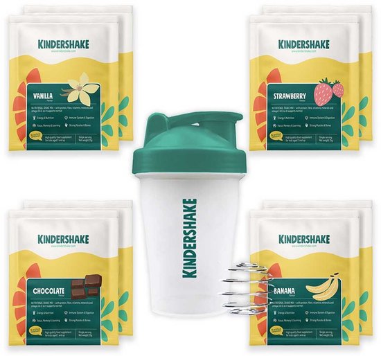 Kindershake Proefpakket - 8 shakes - Shakebeker - Vanille - Banaan - Chocolade - Aardbei