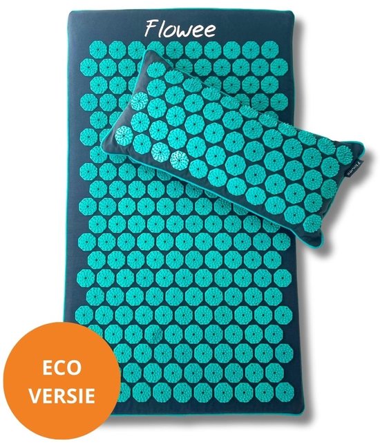 Flowee Spijkermat ECO & spijkerkussen SET - Grijs met zeegroen - Vulling Kokosvezels & Boekweitkaf (77x45+22x44cm) - Acupressuur Mat - Spijkerbed - Acupunctuur - Shakti Massage - Vijf jaar Garantie