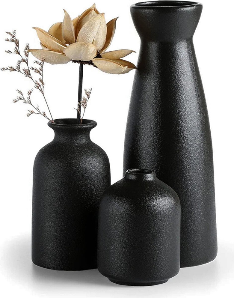 PEAM Zwarte Keramische Vazen - Stijlvolle Set Van 3 Voor Gedroogde Bloemen En Woondecoratie 2 set-Zwart