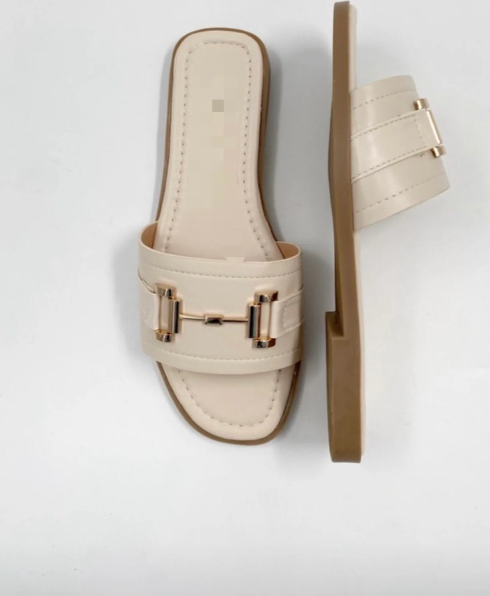 Beige Dames Slippers voor alledaags- Elegante Instappers- slides Comfortabele Platte Sandalen met Gouden Detail en Anti-slip Zool- dames slippers- zomer slippers