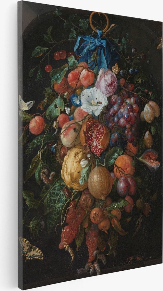 Saammp Canvas Schilderij - Jan Davidsz - Festoen van vruchten en bloemen - Abstract - Kunst - 20x30 - Foto op canvas - Wanddecoratie - Muurdecoratie Woonkamer - Slaapkamer decoratie - Canvas Print Multicolor