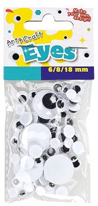 Knutseloogjes in verpakking, 6, 8 en 18 mm. Zelfklevend.